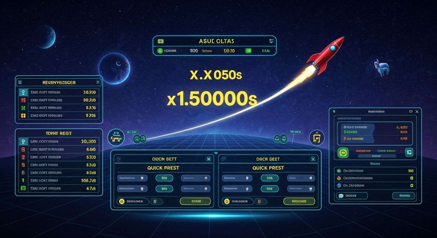 Game interface with rocket, multipliers, betting controls, and stats