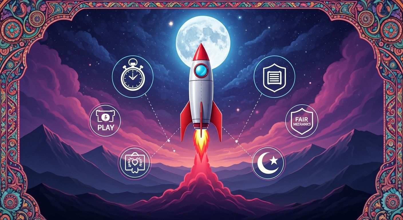 Icons showing fast play, simple rules, fairness, and localization